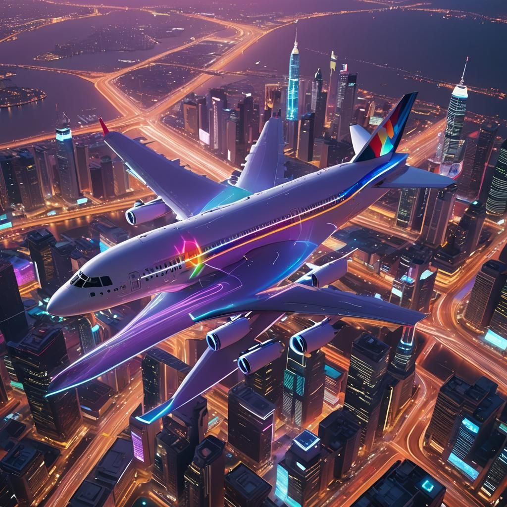 Futuristic A380 Plane Soaring Above Cyberpunk Cityscape