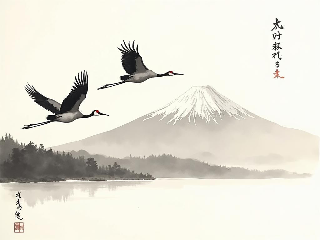 Japanese Ink Brush Art: Cranes and Mt. Fuji