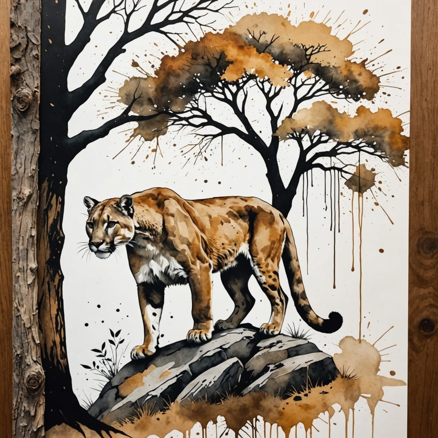 Mountain Lion in Ink Splatter Painting