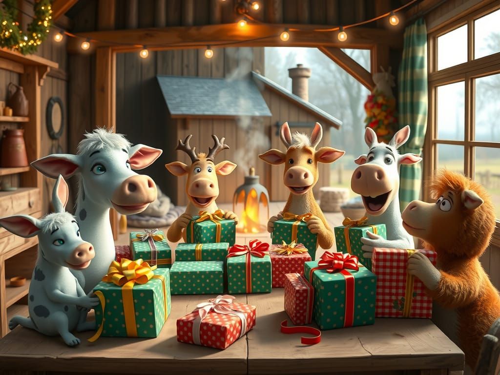 Pixar Farm Animals Celebrating Christmas in Cozy Farmhouse