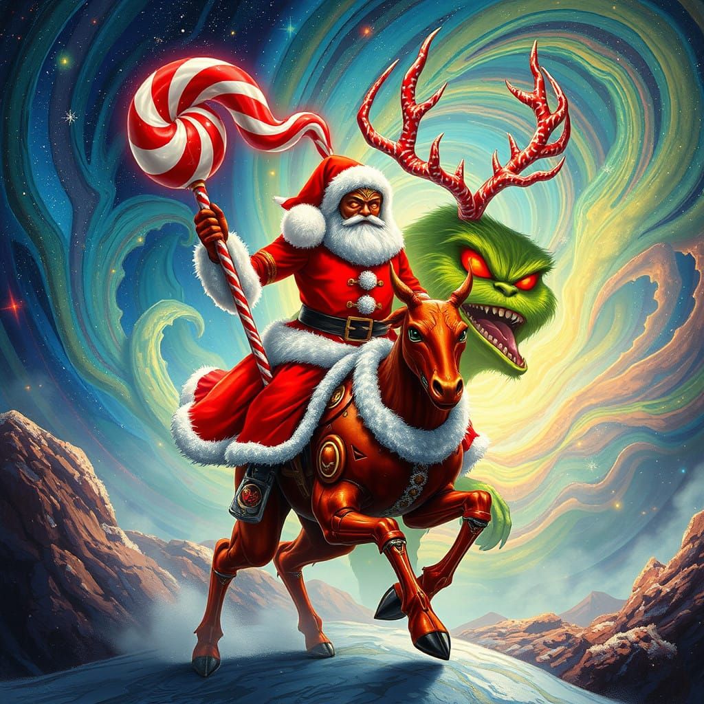 Vibrant Robot Santa Attacked by Grinch Amidst Cosmic Chaos