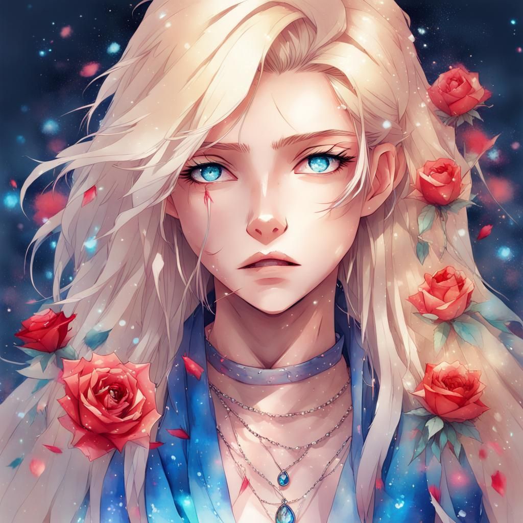 Sad Woman Portrait with Roses in Anime Style