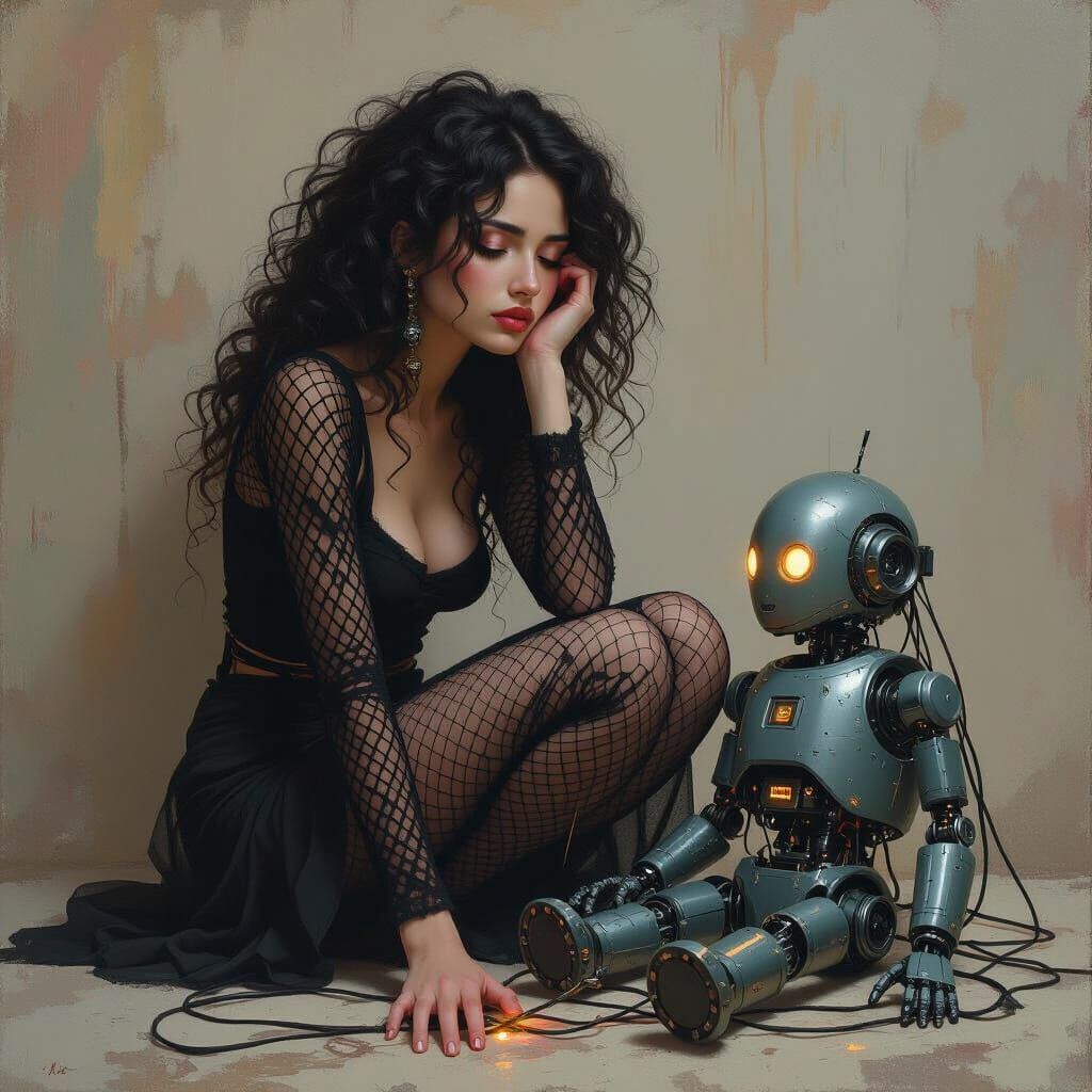 Grief and Longing: Woman with Robot in Painterly Style