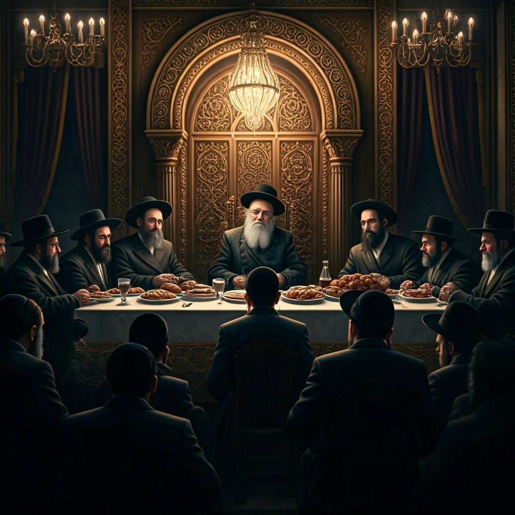 Hyperrealistic Image of Aged Hasidic Rebbe and Followers