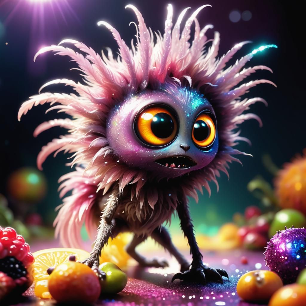 Fluffy Alien Eats Fruit: Pixar-Inspired Digital Art