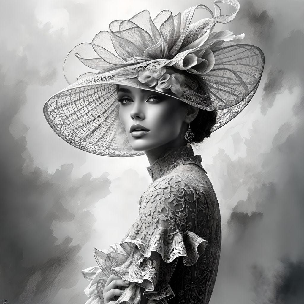 Monochrome Portrait with Elaborate Hat as Impasto Painting