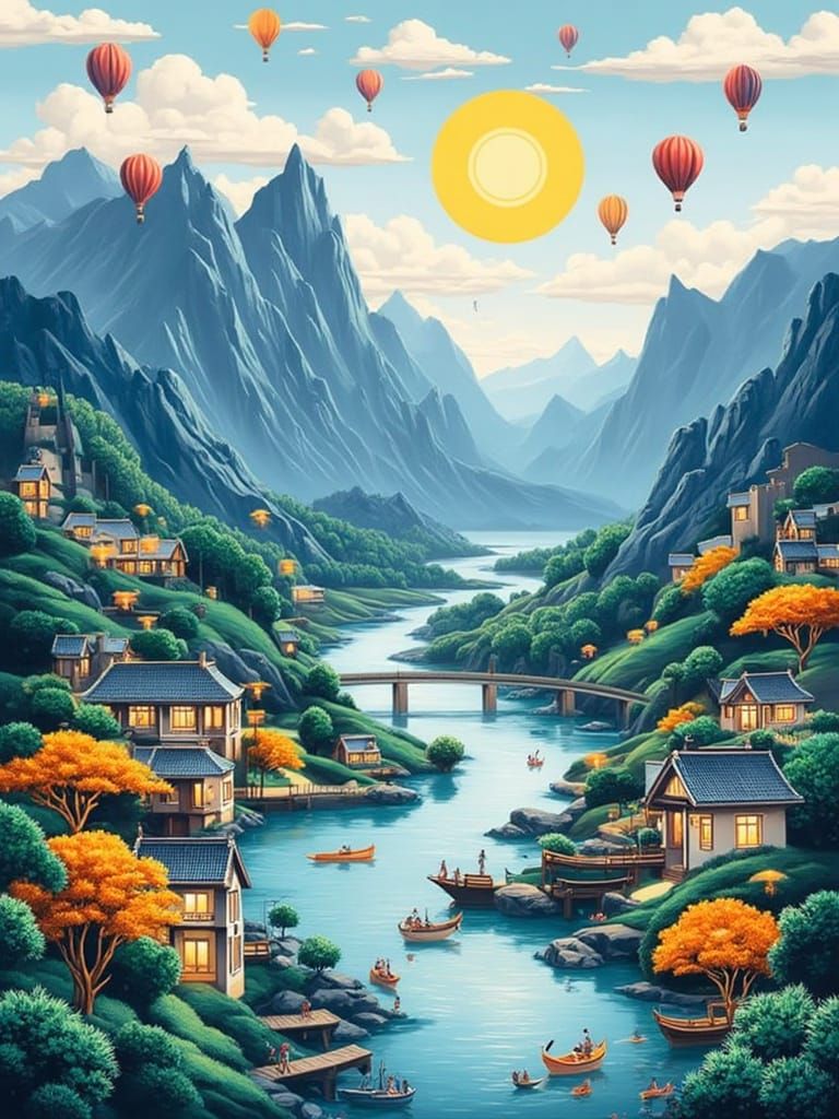 Surreal Landscape in Layered Paper Style