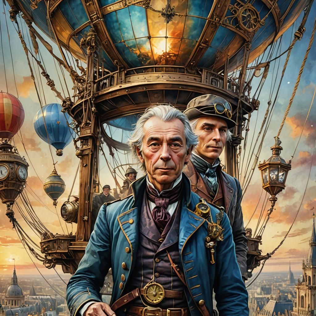 Steampunk Montgolfier Brothers Over Paris in Watercolor