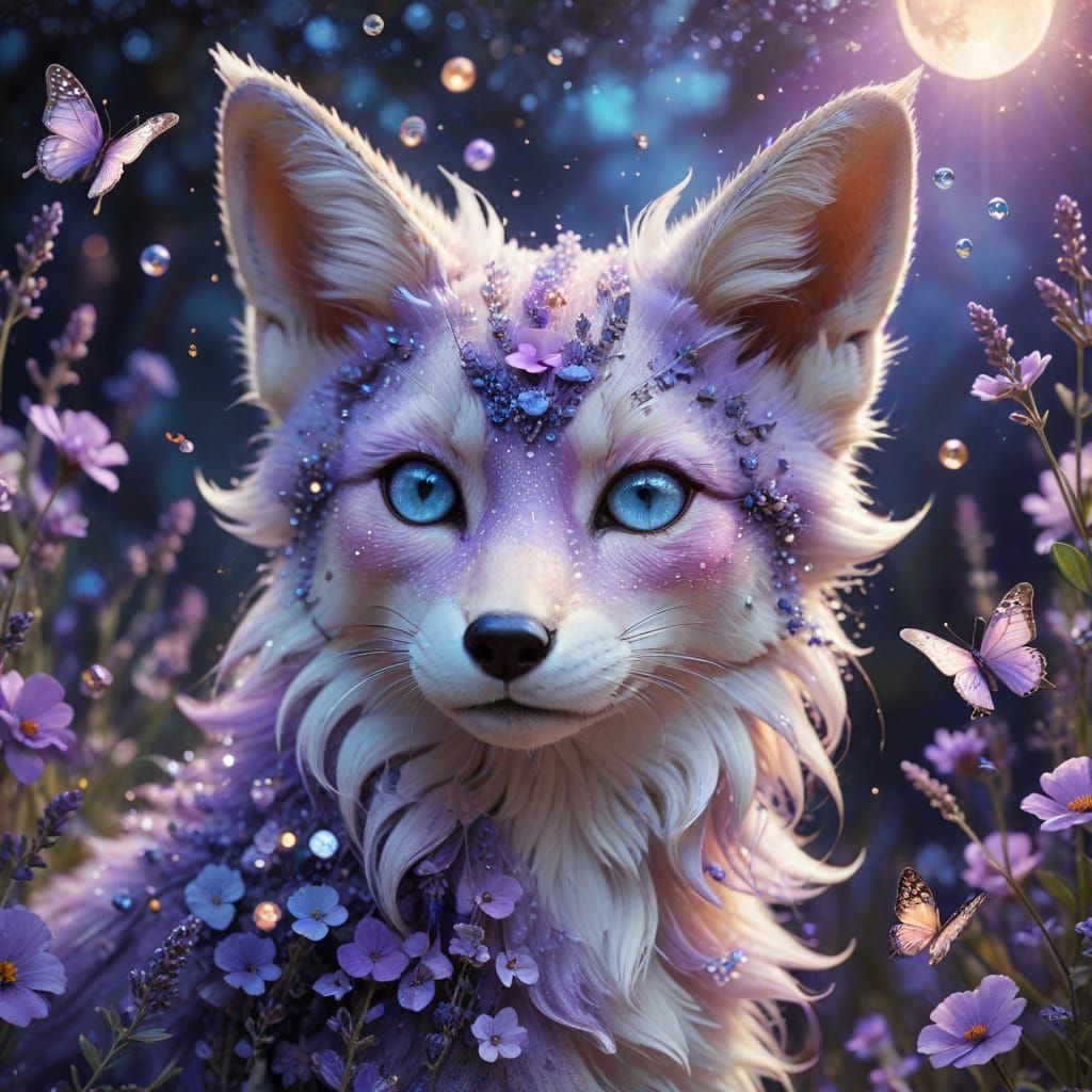 Lavender Fox in Whimsical Twilight Setting