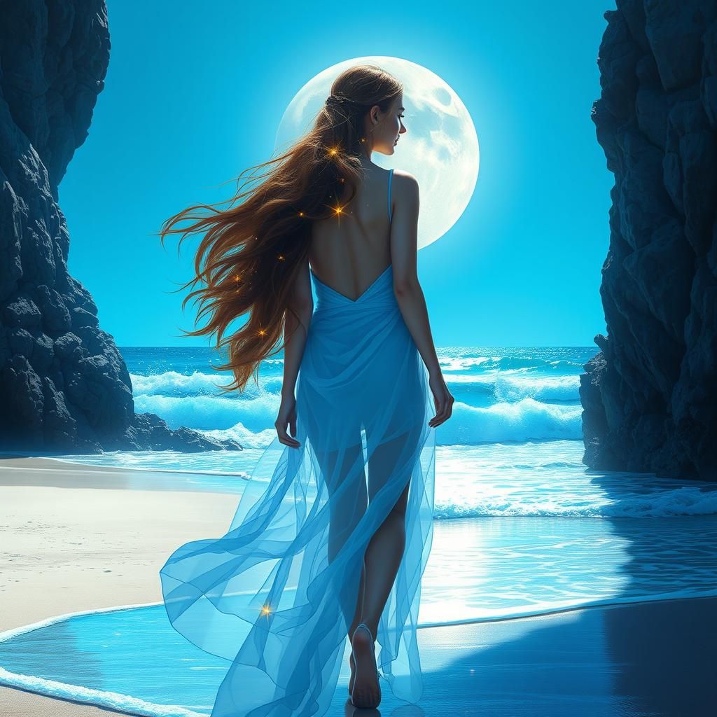 Woman Walks on Beach with Moon in Background