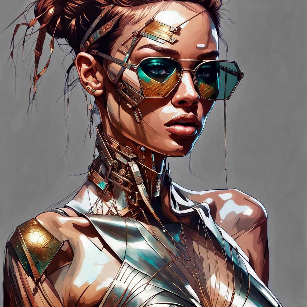 Cyberpunk Cyborg Woman with Metallic Bronze Skin