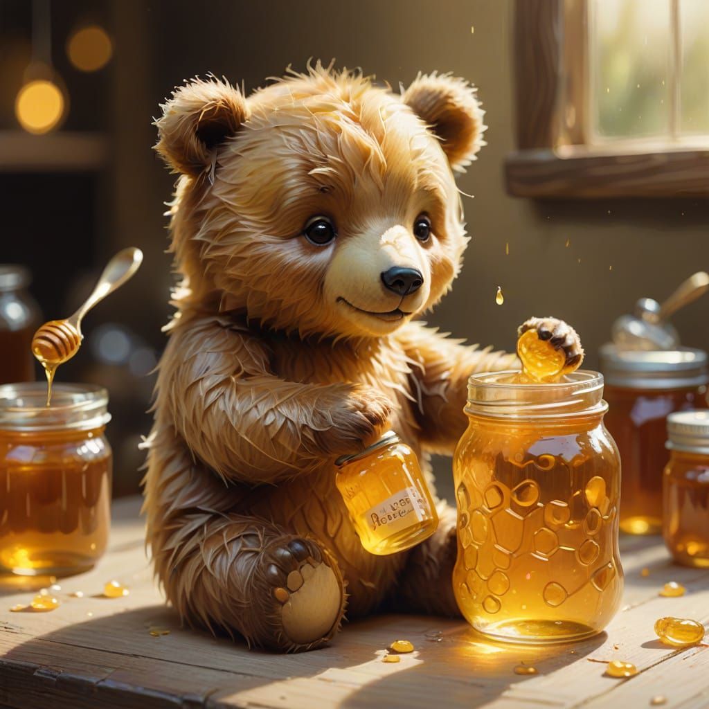 Adorable Toy Bear Cub Enjoys Honey: Whimsical Concept Art