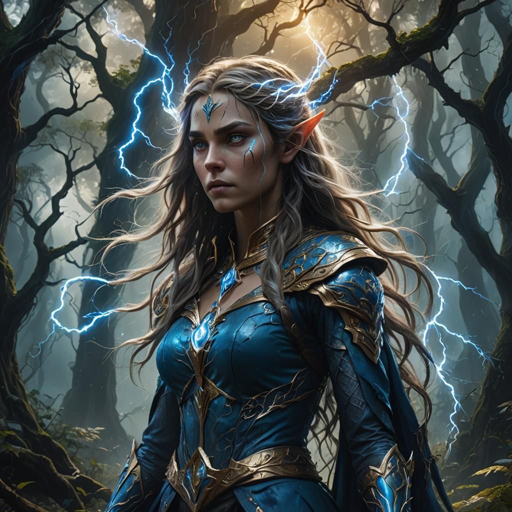 Electrified Thunder Elf Woman in Mystical Forest