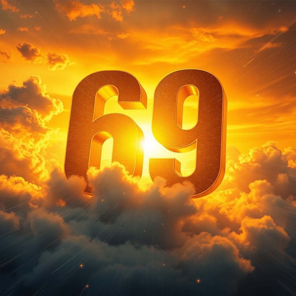 Golden Number 69 in Sci-Fi Sunset Sky