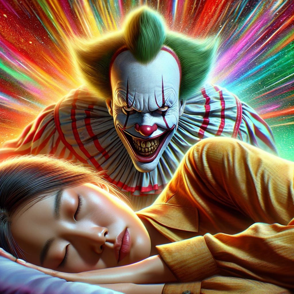 Menacing Clown Over Sleeping Woman: Hyperrealistic Splash Ar...