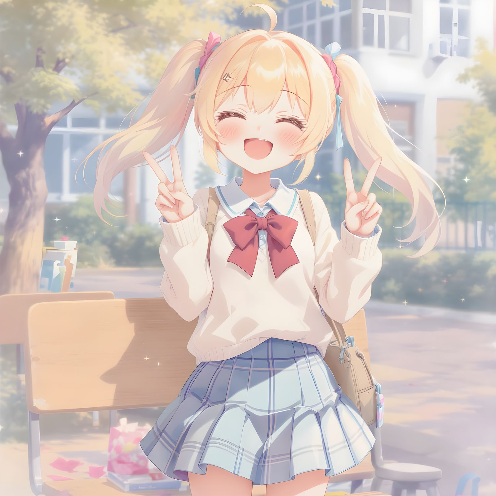 Cheerful Anime Girl with Blonde Pigtails