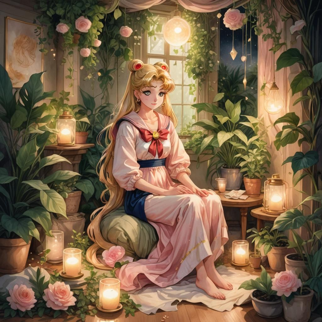 Sailor Moon's Whimsical Evening in Lush Greenery