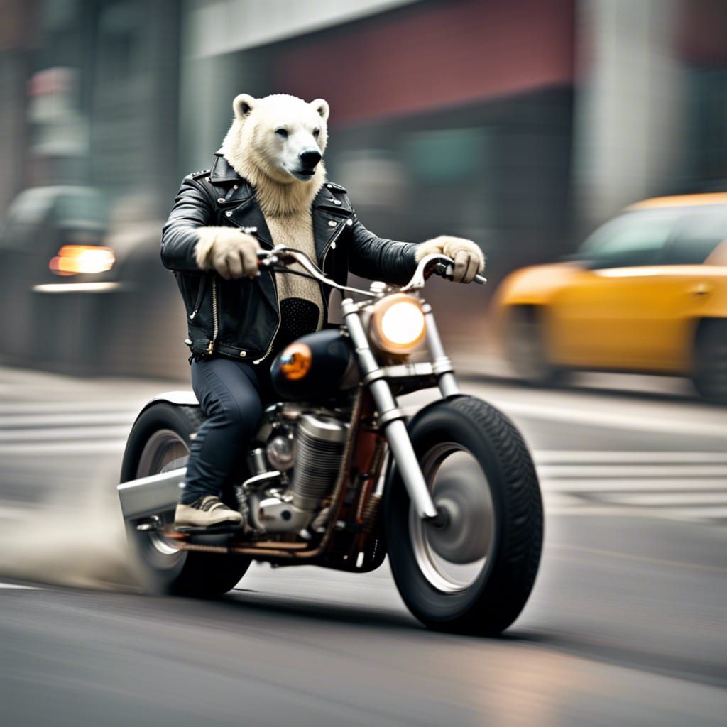 Polar Bear Biker Punk on Motorcycle in Cyberpunk Style