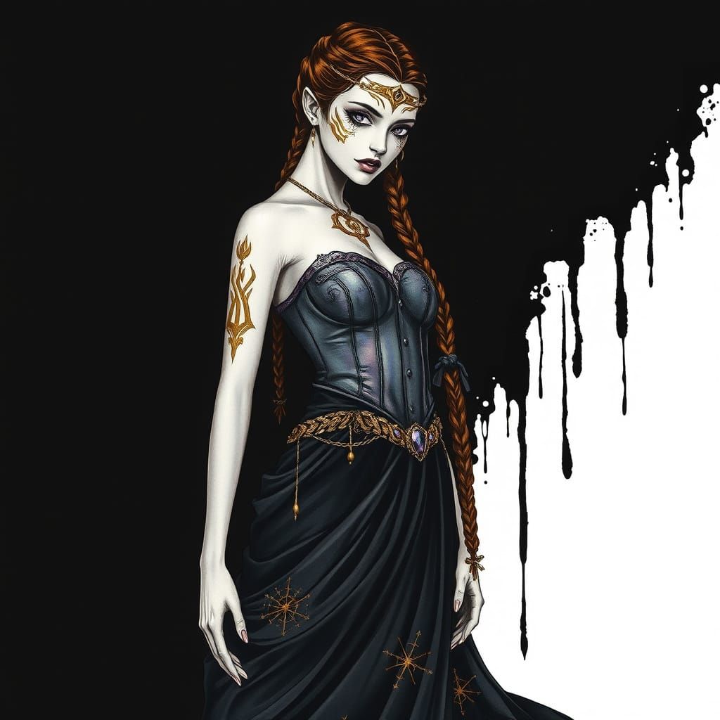 Arcanepunk Woman with Gold Markings as Ink Illustration