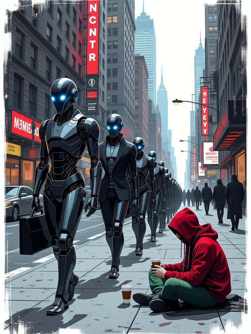 Cyberpunk New York City: Humans and Robots Coexist in a Grit...