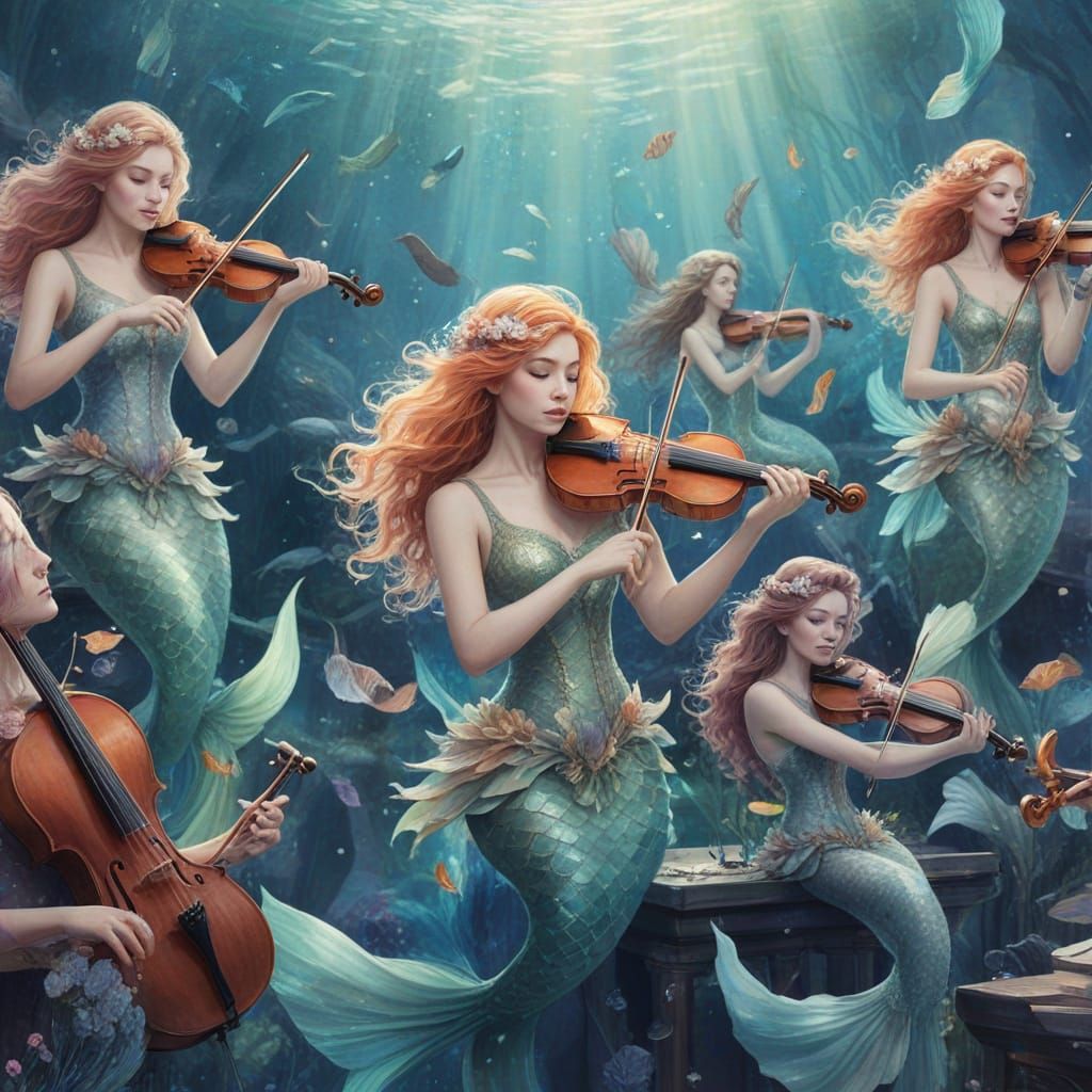 Mermaid Orchestra in Dreamy Watercolor Style