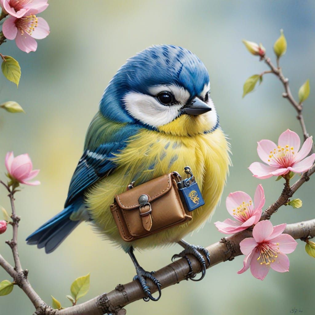 Watercolor Chibi Blue Tit Ready for Adventure