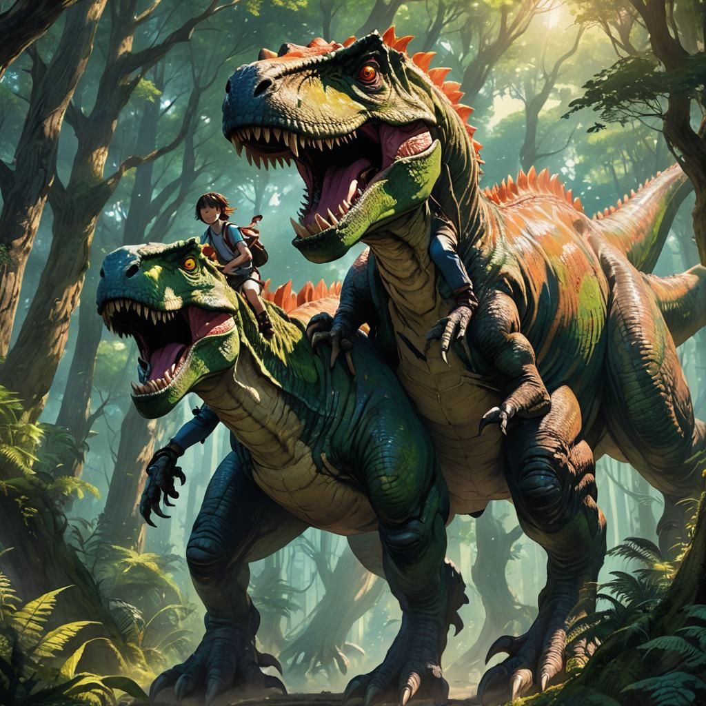 Anime Boy and Girl Ride T-Rex in Fantasy Forest