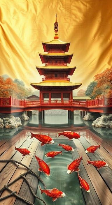 Gilded Pagoda Behind Luminous Silk Scroll: Concept Art