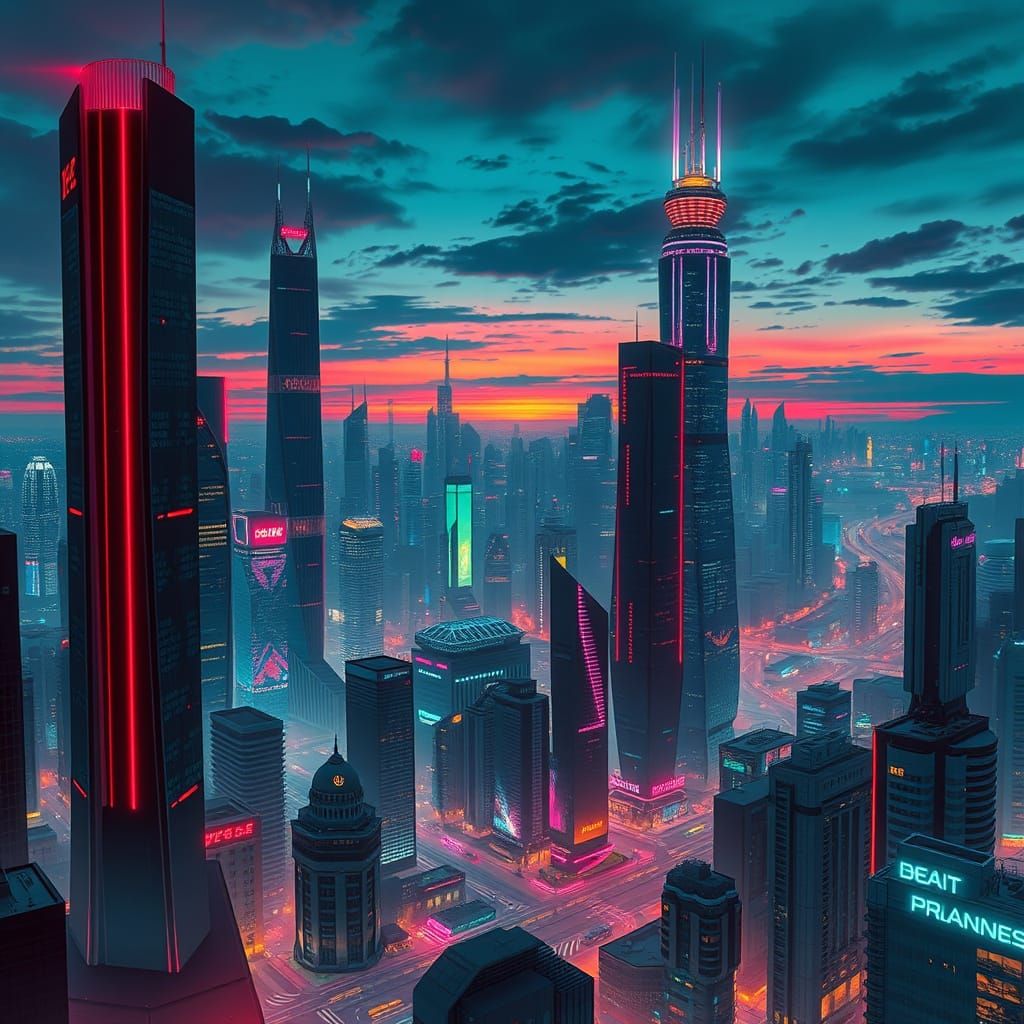 Cyberpunk Cityscape at Dusk