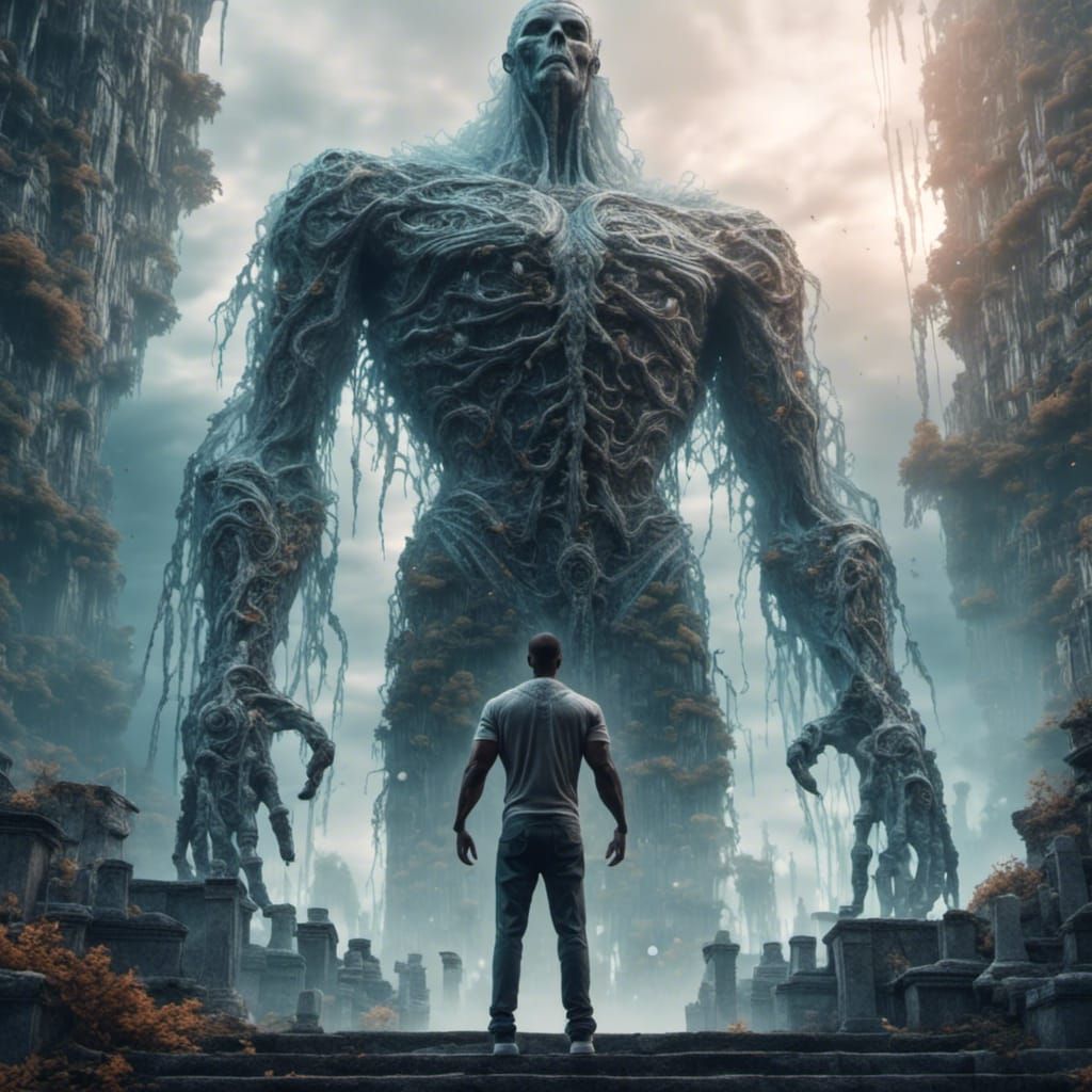 Bodybuilder Fighting for Life in a Matte Painting