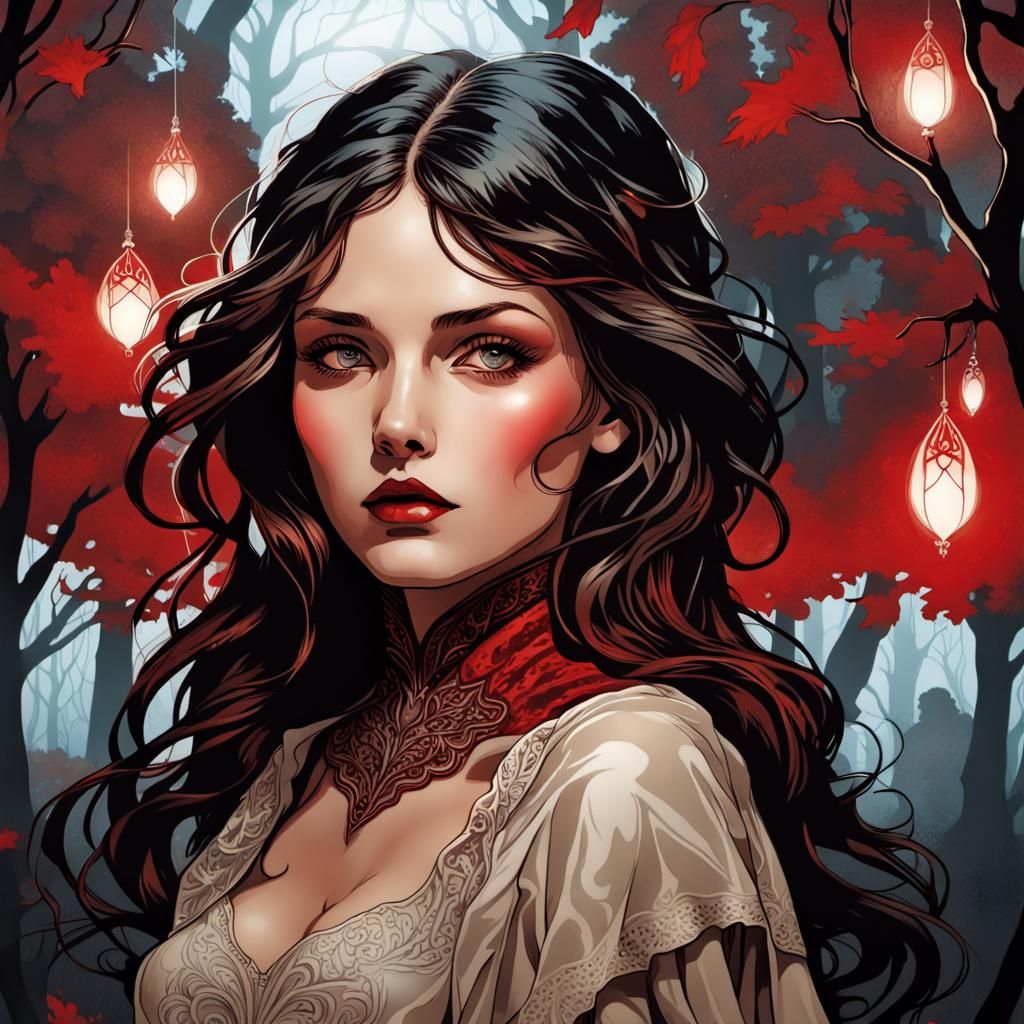 Red Riding Hood Art Nouveau Ink Illustration