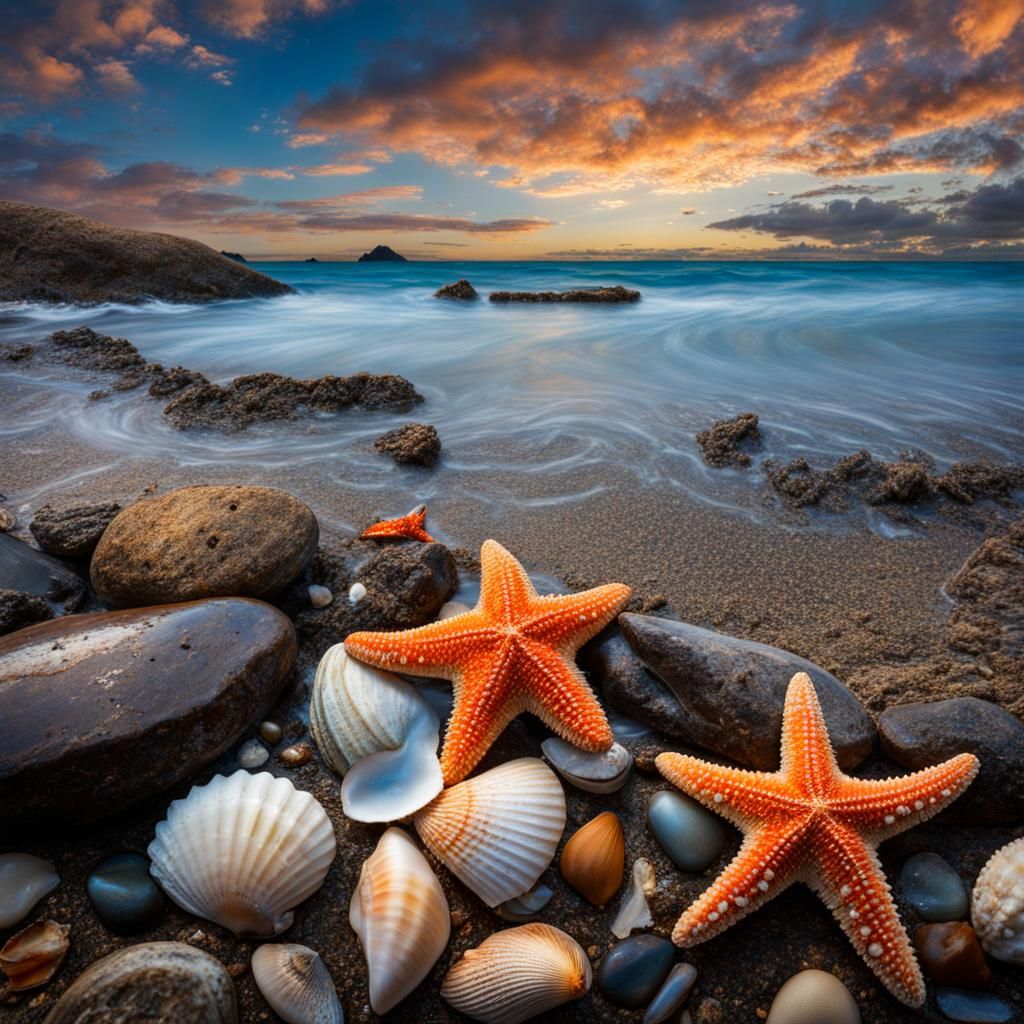 Vibrant Tidepool with Starfish and Antique Bottle