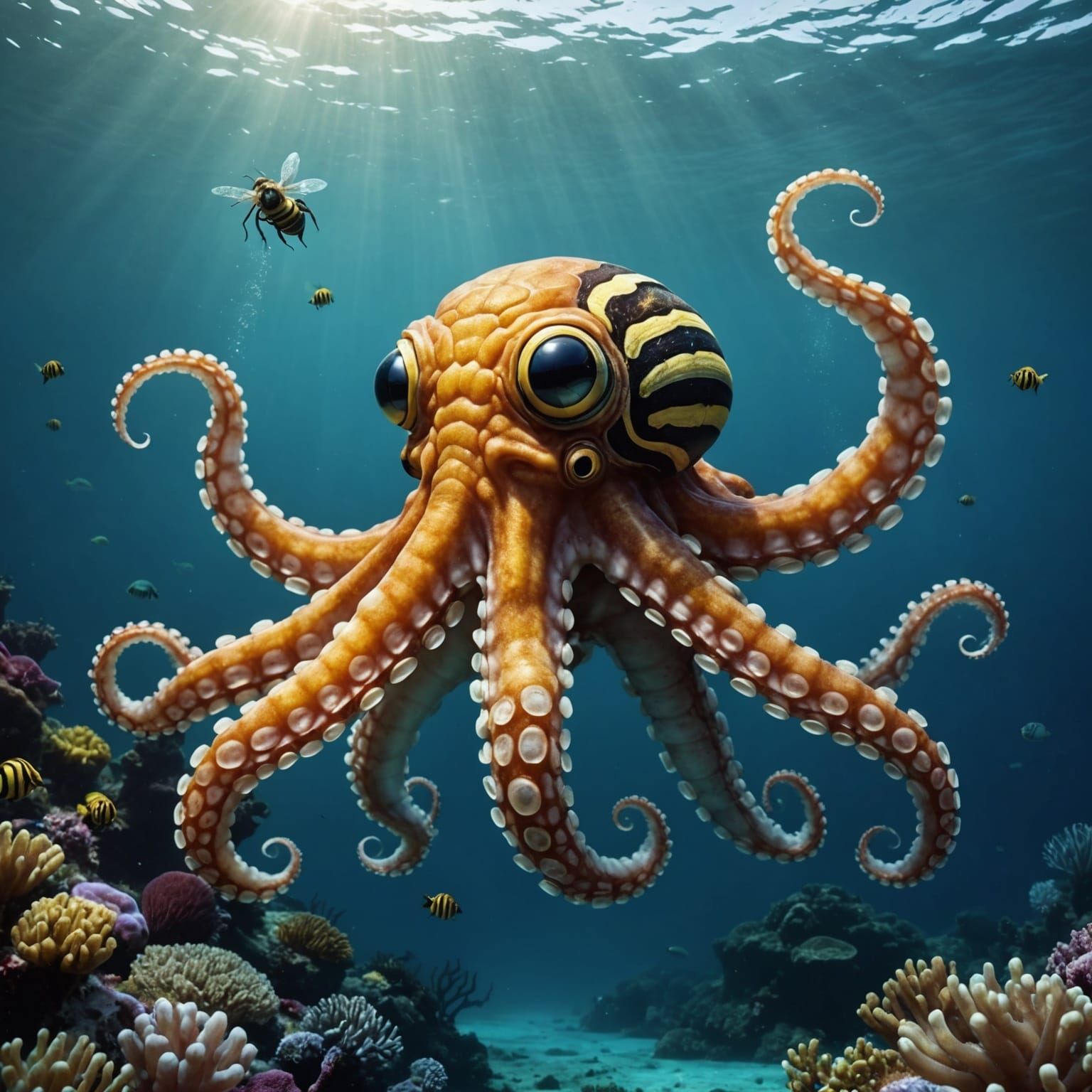 Octo-Bee Hybrid Creature in Open Ocean
