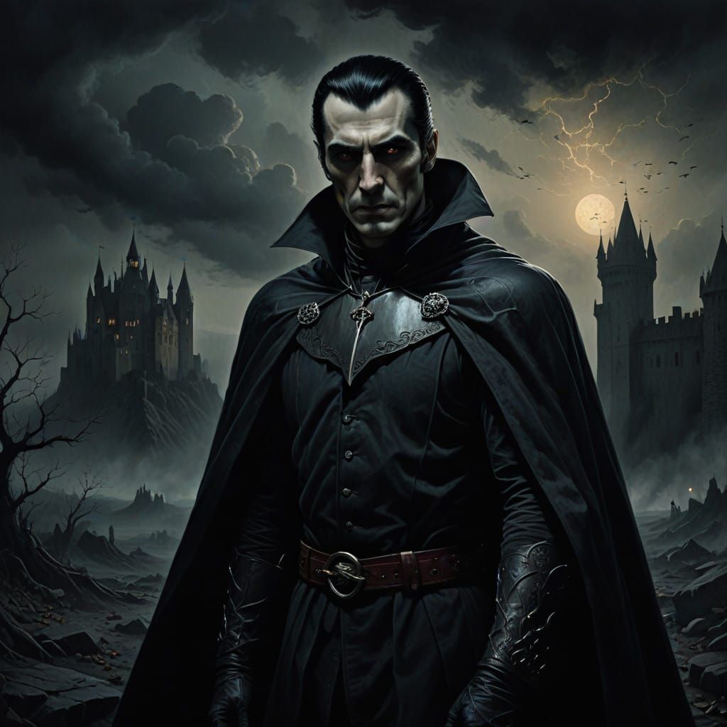 Ethereal Dracula Portrait in a Haunting Cyberpunk Aesthetic