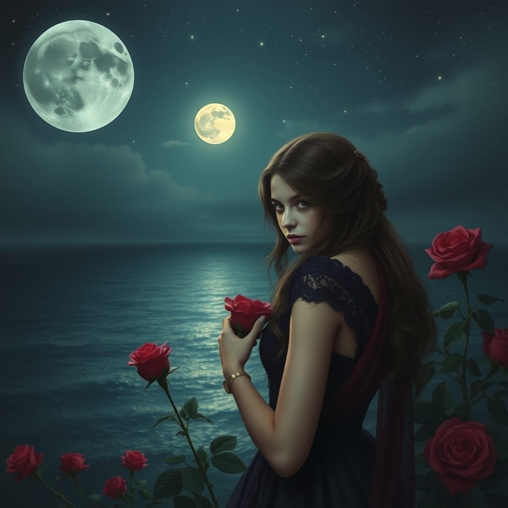 Vampire Girl Gazing at Twilight Moon