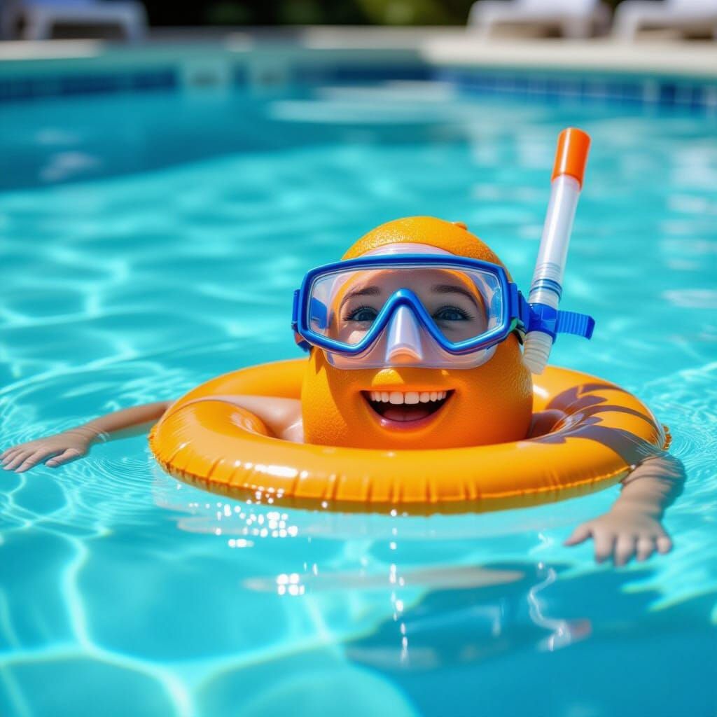 Orange Swims in Pool with Snorkel and Goggles