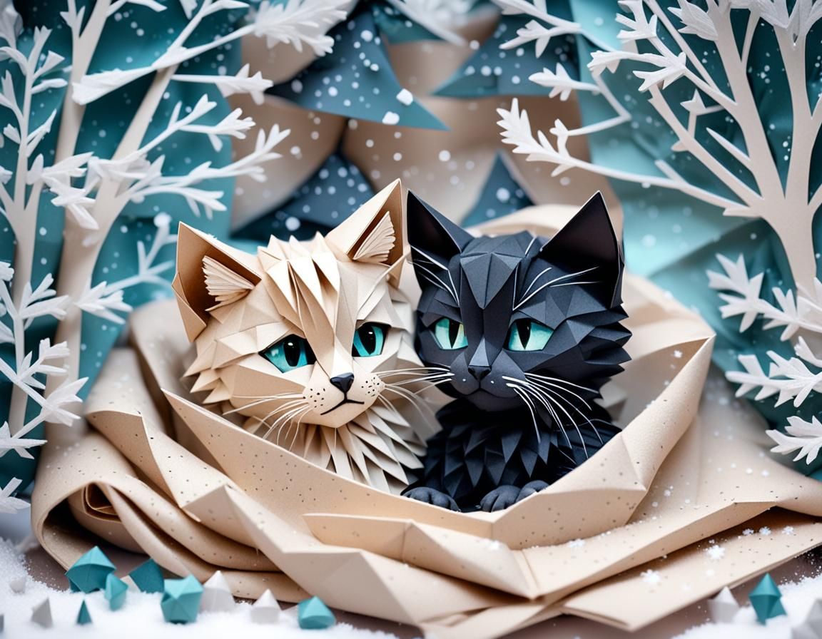 Cute Kittens Snuggling in Origami Papercraft Style