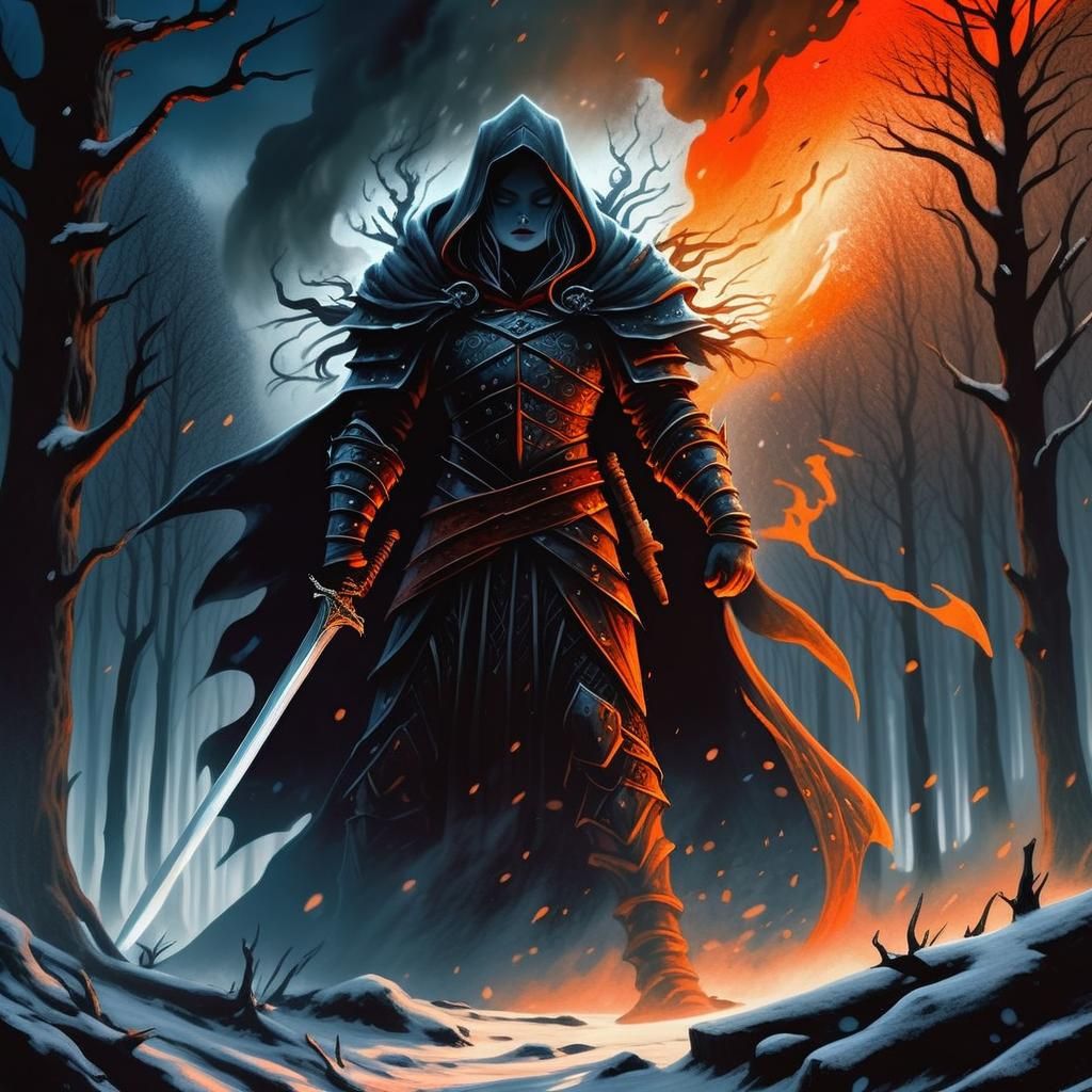 Woman with Sword in Snowy Forest: Fantasy Art