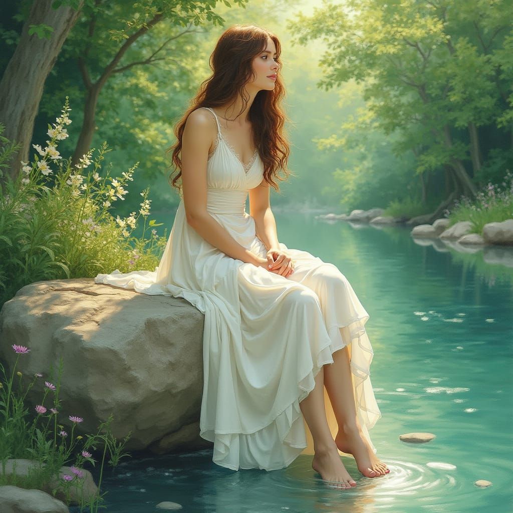 Woman in White Dress by River, Art Nouveau Style