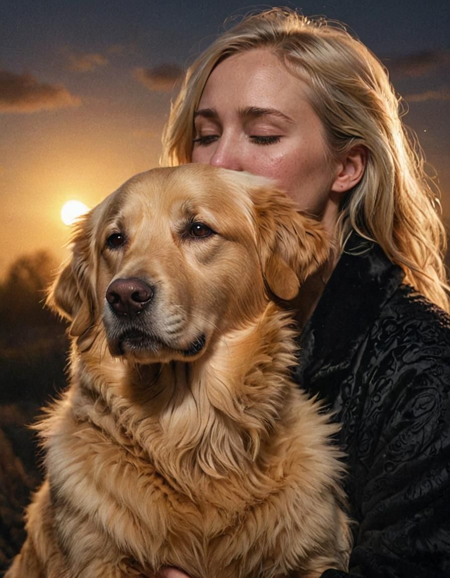 Sad Woman and Golden Retriever Portrait