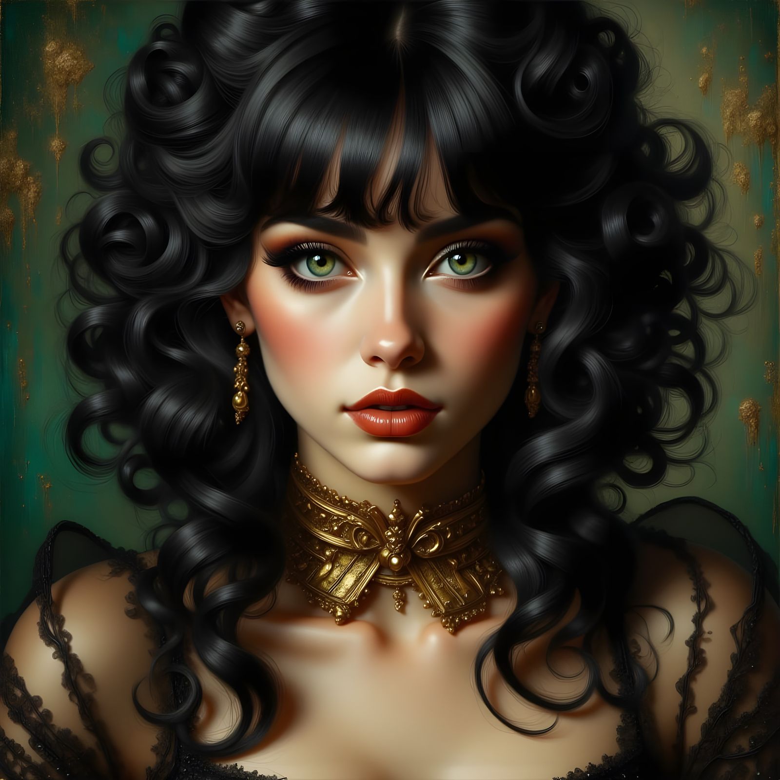 Alluring Woman with Black Hair and Green Eyes in Soft Light