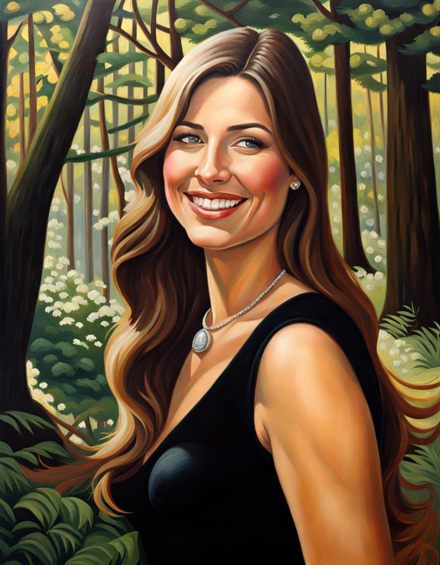 Elegant Woman in Forest, as Oil Painting