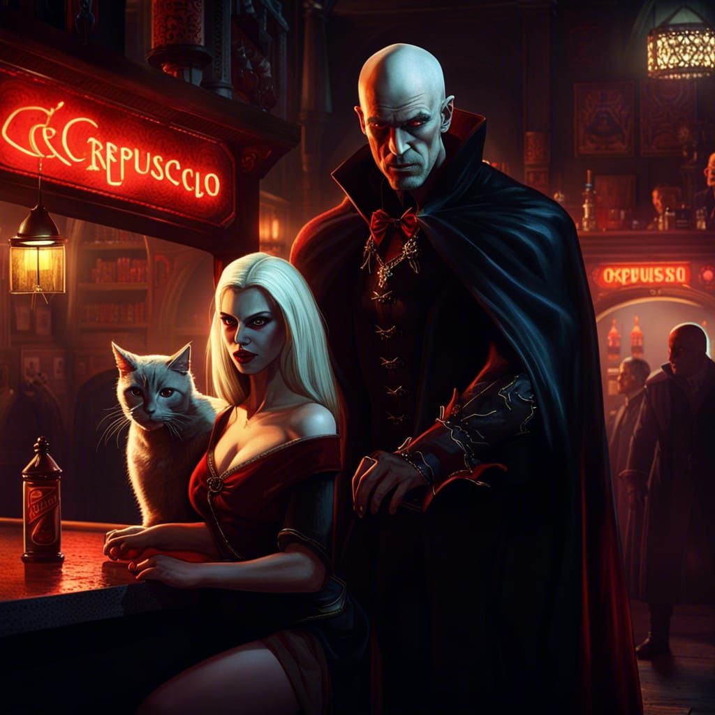Alluring Vampire Scene with Neon Sign in Matte Painting