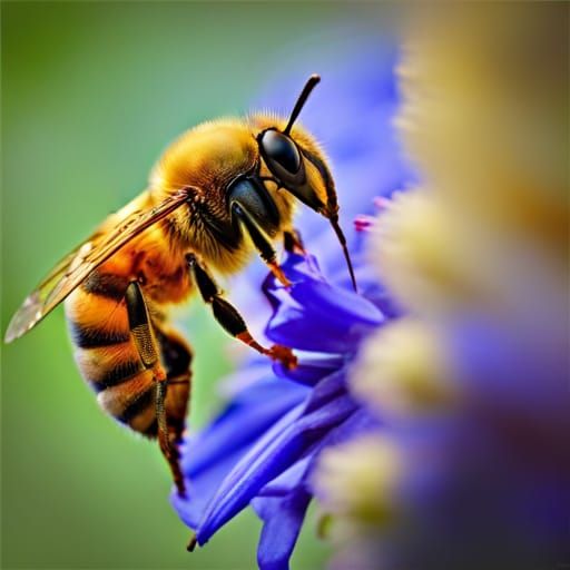 Realistic Honeybee on Blue Flower in Hyperreal Detail
