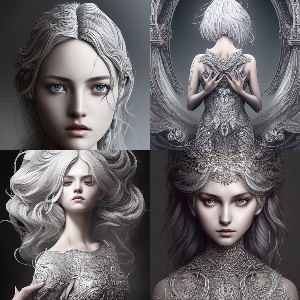 Silver-Haired Goddess Statue in Hyperrealistic Digital Art