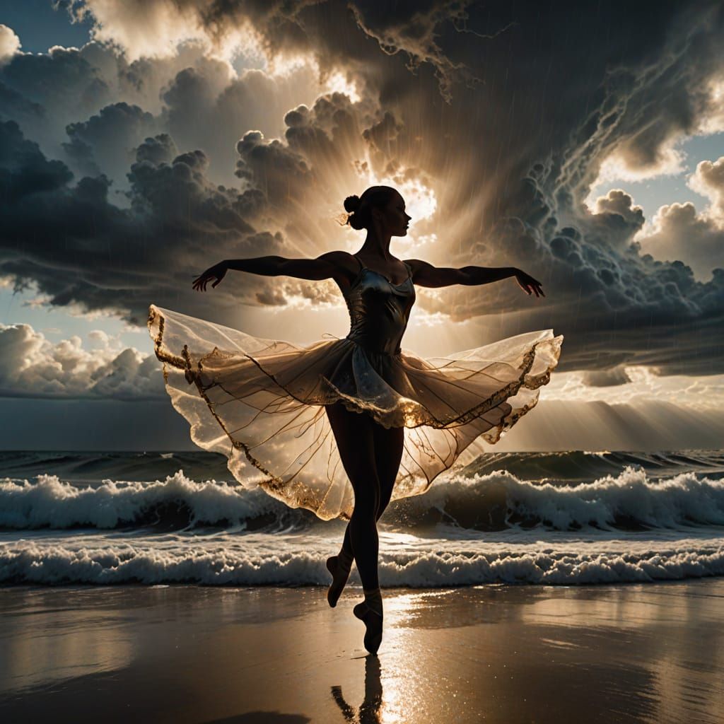 Ballet Dancer in Stormy Ocean Sunset
