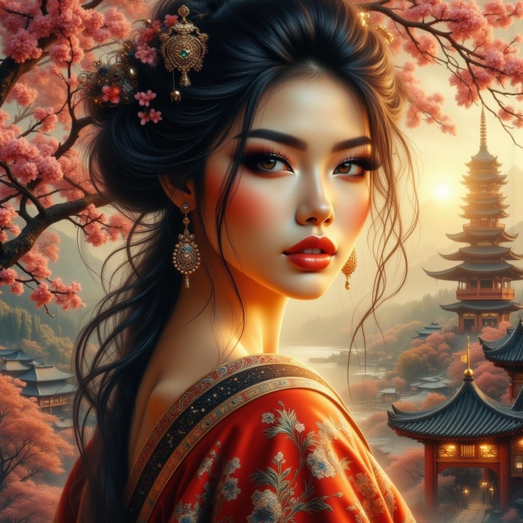 Surreal Geisha Goddess Amidst Vibrant Yin-Yang Cityscape