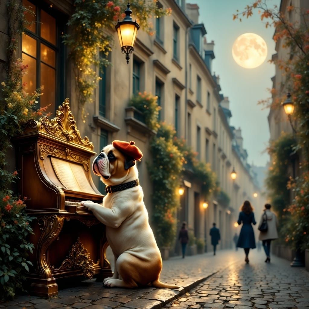 Bulldog in Paris Listening to Music