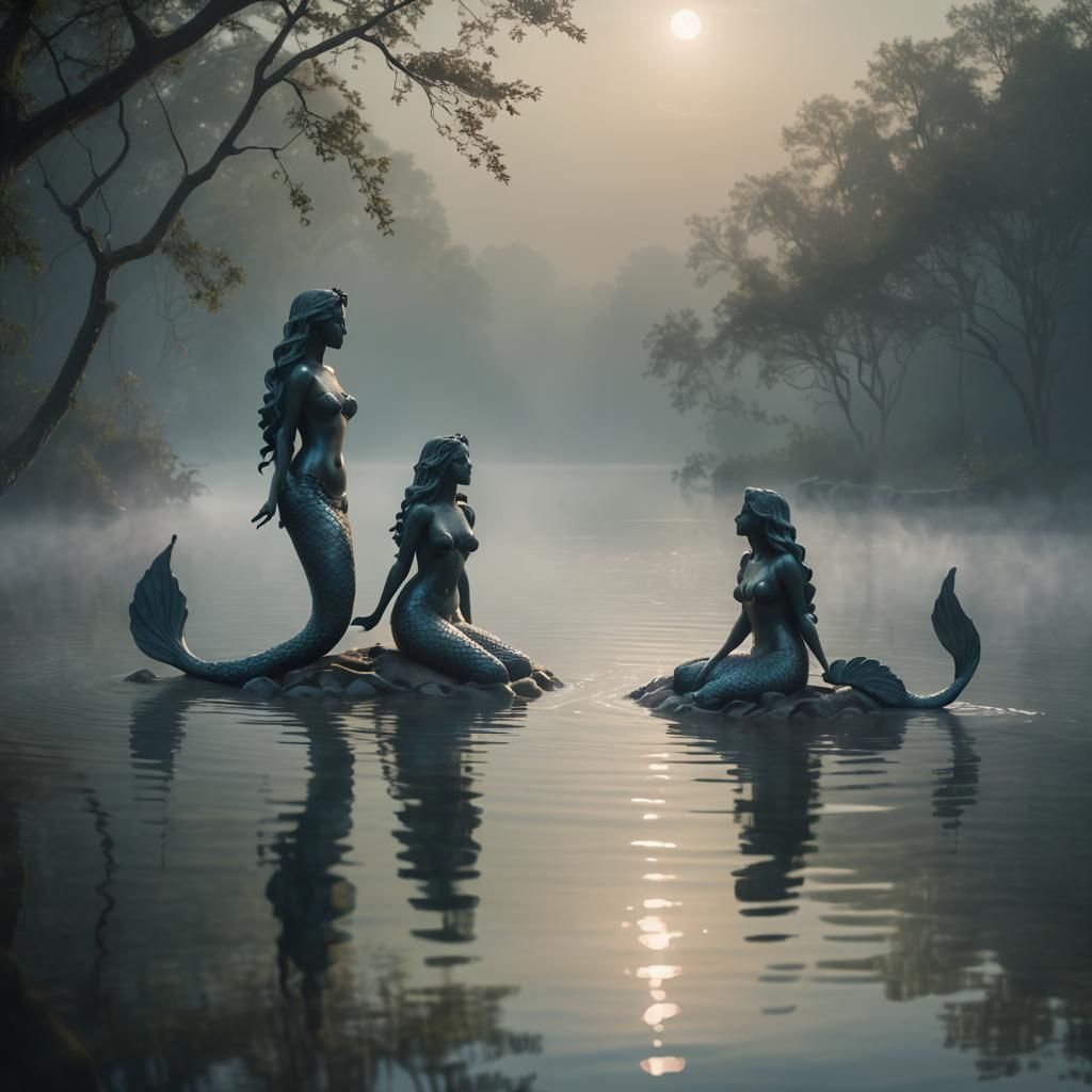 Mystical Mermaid Statues in Dreamy Oil Painting Style