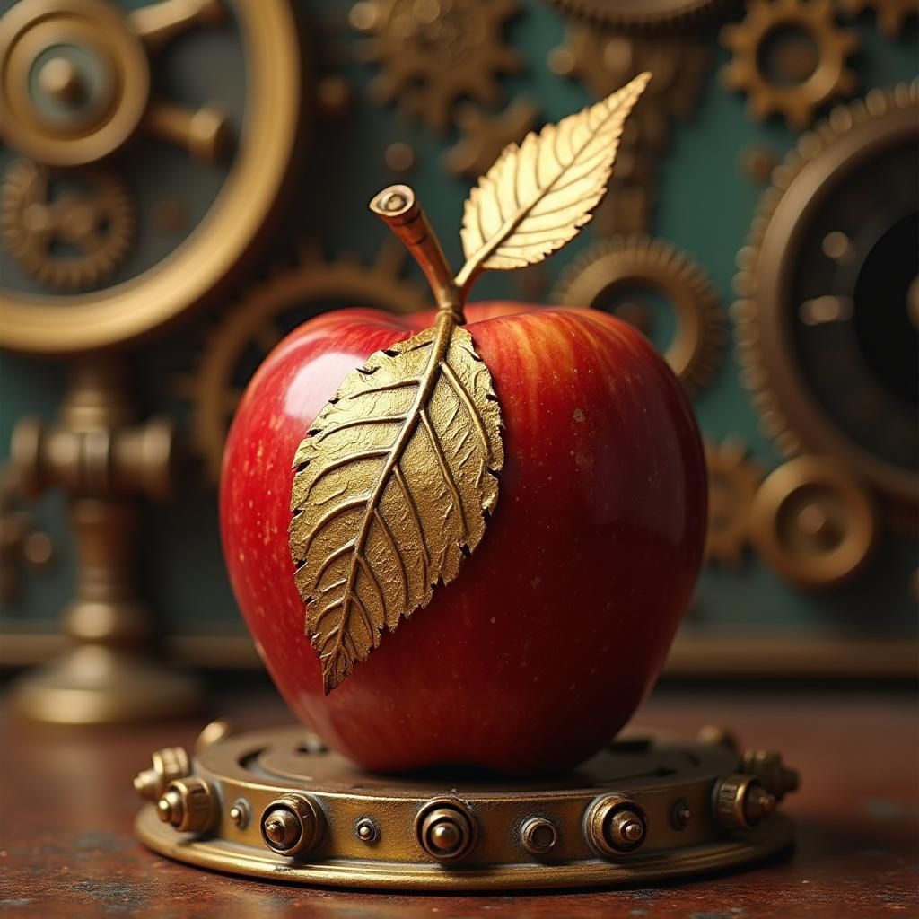 Steampunk Apple with Gold Leaf in Industrial Futurism Style